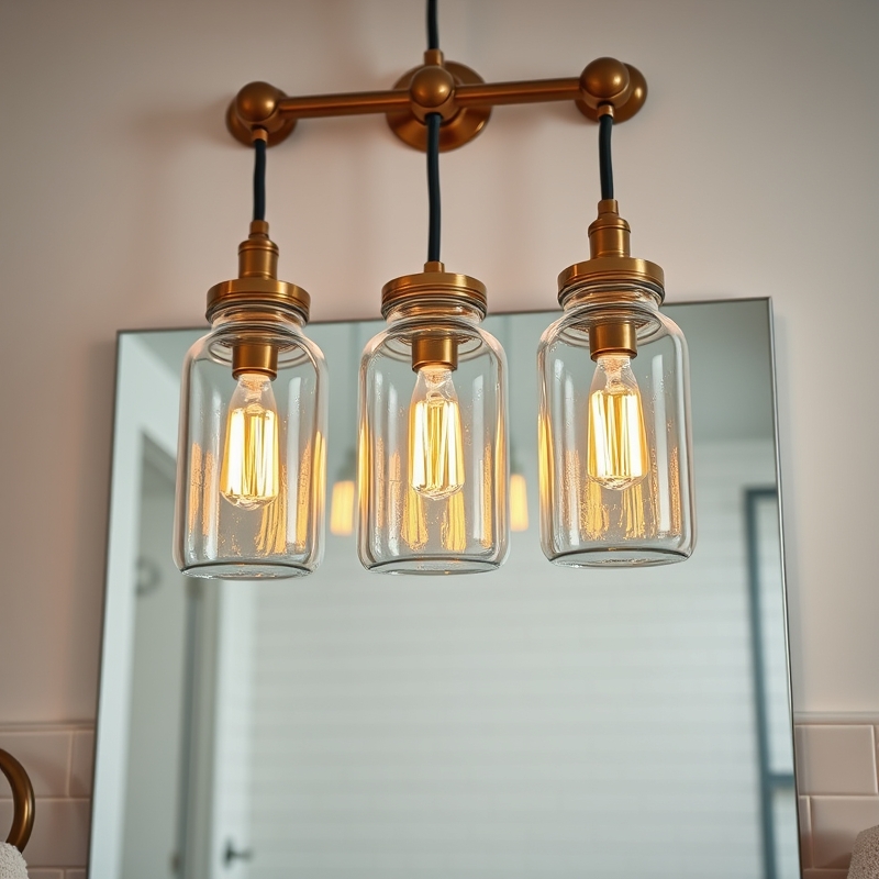 Bathroom vanity with mason jar pendant lights above mirror